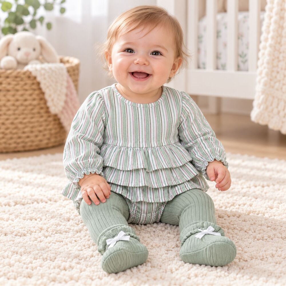 Nicole Miller NY Baby Girl 6-9M Outfit Set Green Stripe Ruffle Eyelet 3 PC NWT